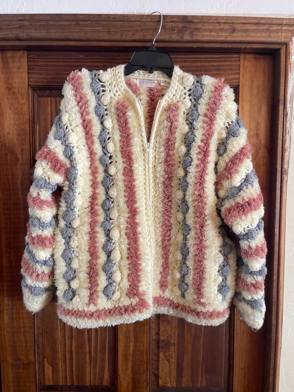 Vintage Andria Bubble knit crochet zip up cardigan sweater size medium